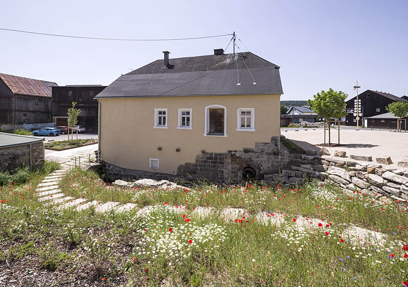 Blumenwiese mit Mohn auf dem Dorfplatz